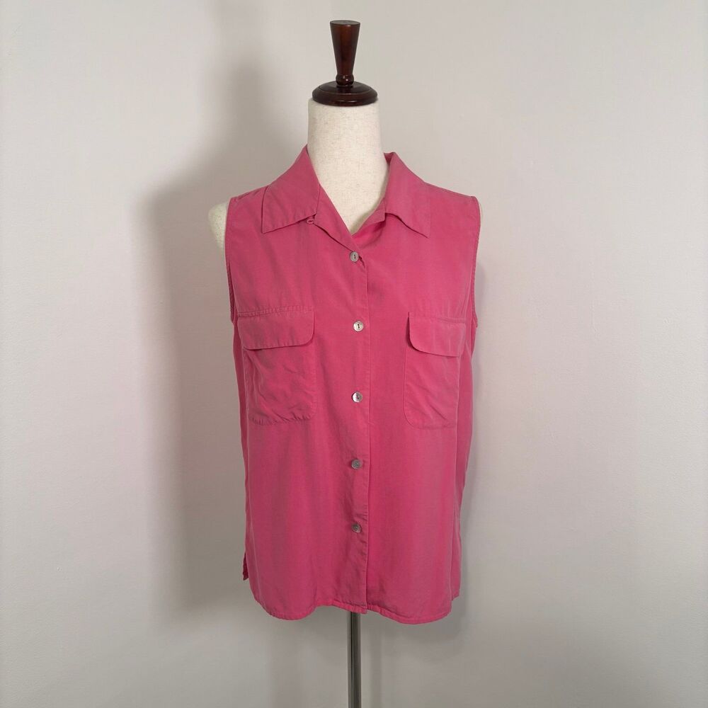 Annie Alexander Barbie Pink 100% Silk Button Up Tank Blouse Sz M